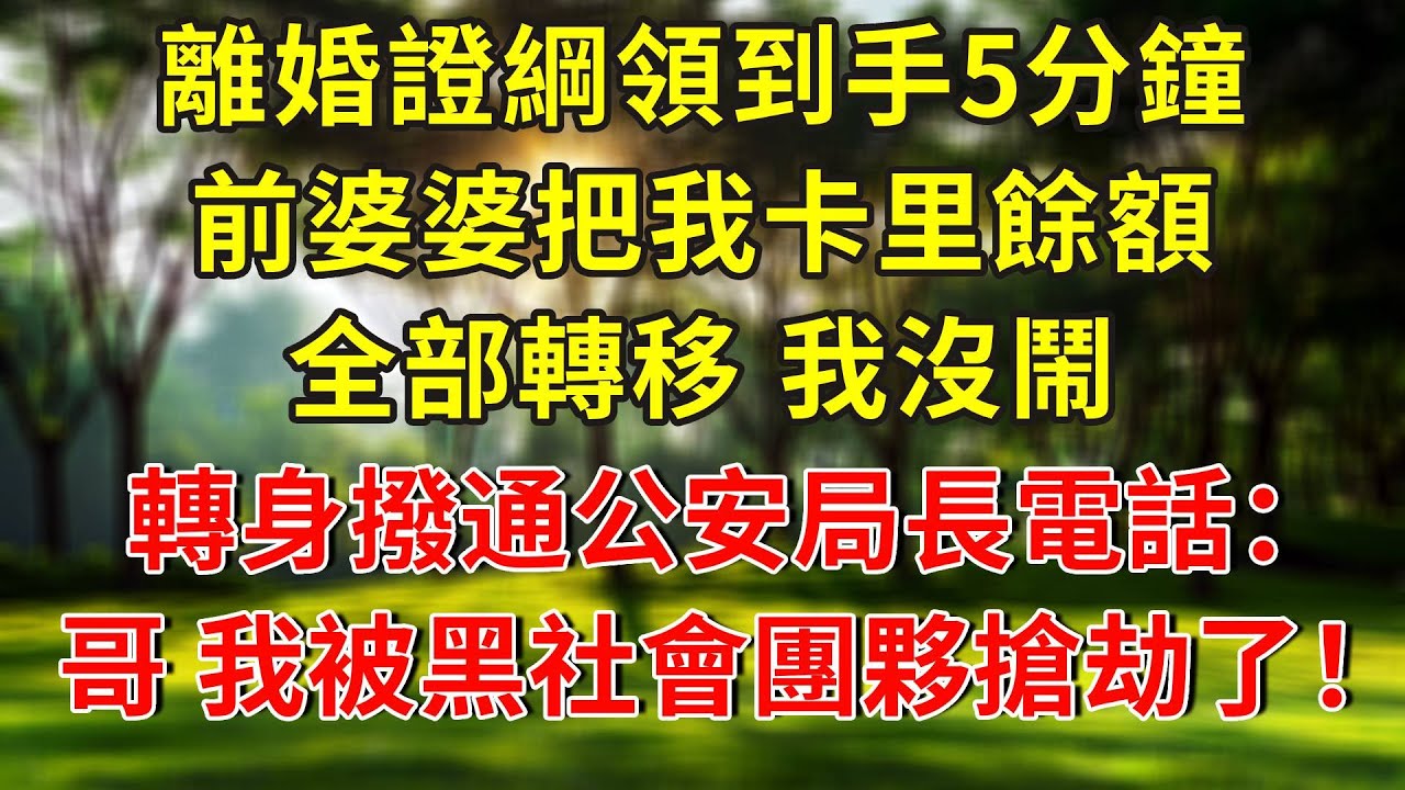 離婚證綱領到手5分鐘，前婆婆把我卡里餘額全部轉移，我沒鬧，轉身撥通公安局長電話：哥，我被黑社會團夥搶劫了！#人生感悟 #故事分享 #故事頻道 #正能量 #情感 #感情 #分享
