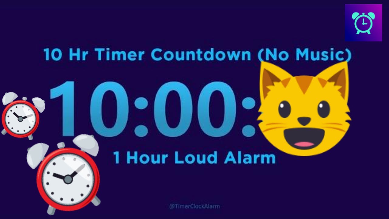10 Hour Timer Countdown (No Music) with 1 Hour Loud Alarm