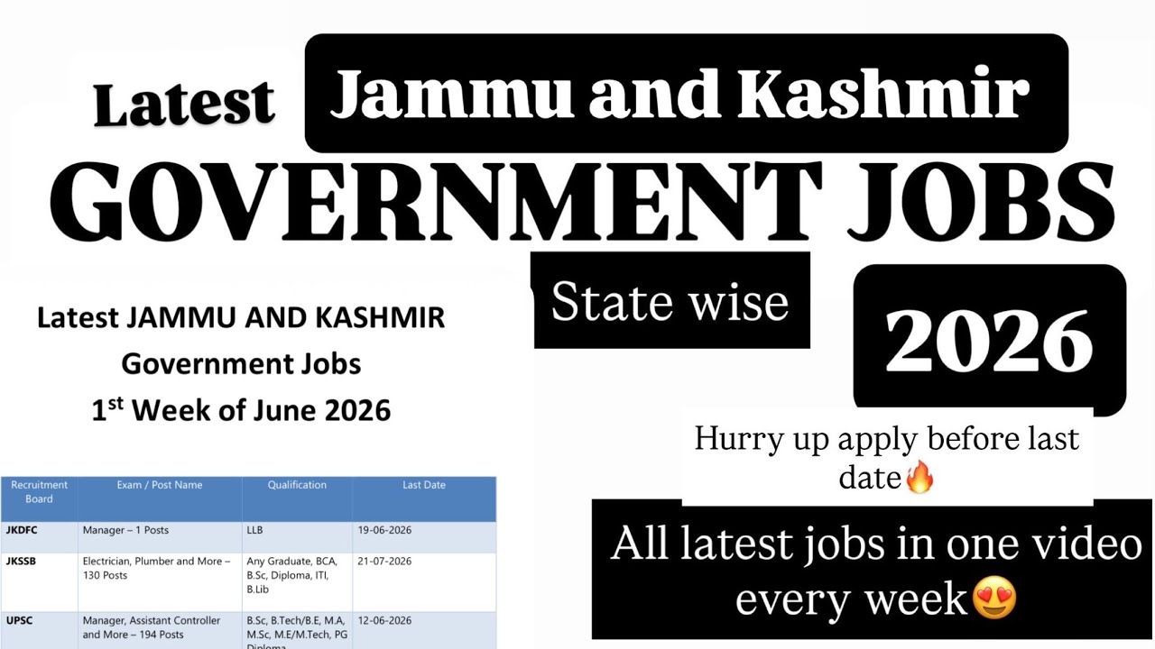J&K Jobs Vacancies 2026| Jammu and Kashmir Jobs|Latest Jammu Kashmir Government Jobs 2026| June 2026