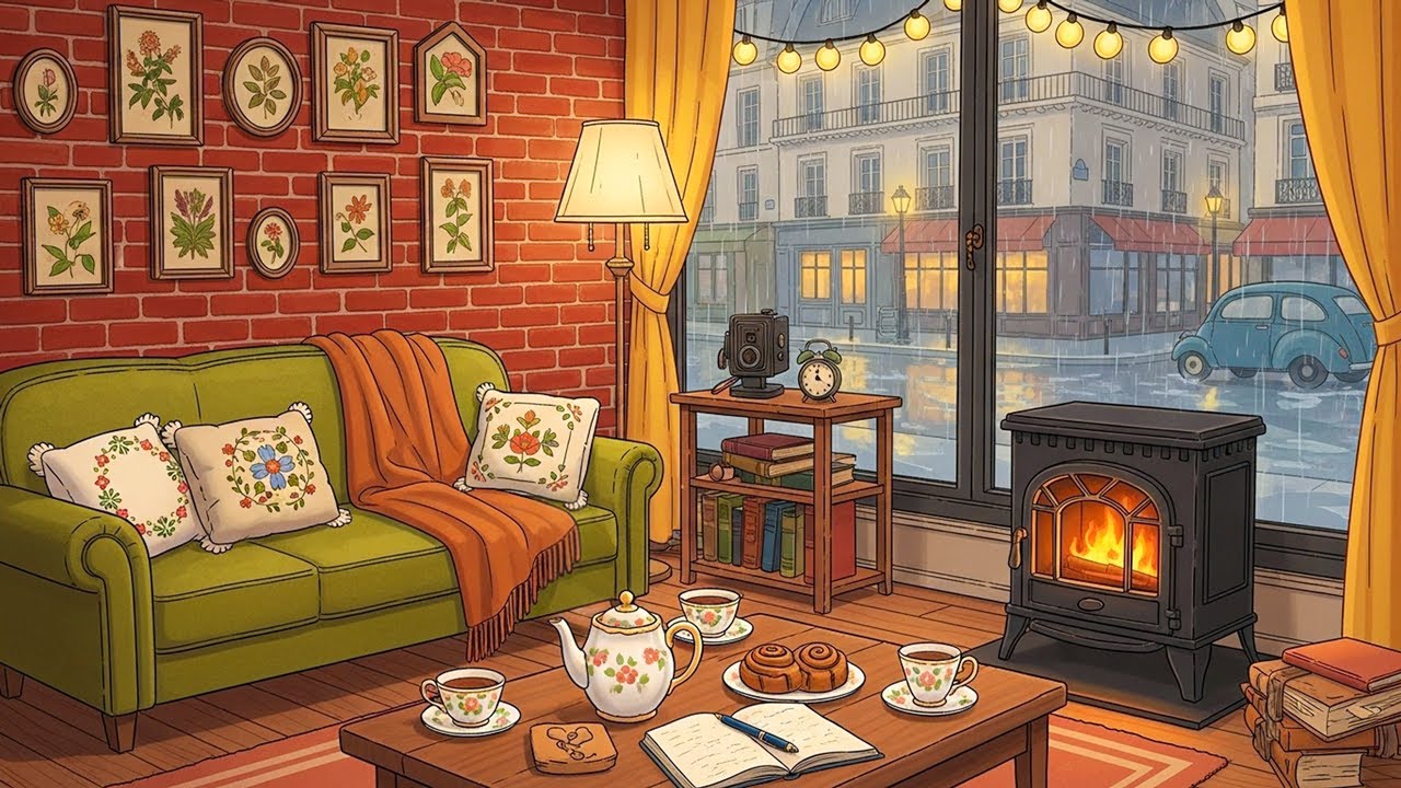 warm paris night with distant 1950s vintage jazz playing in another room and it's raining