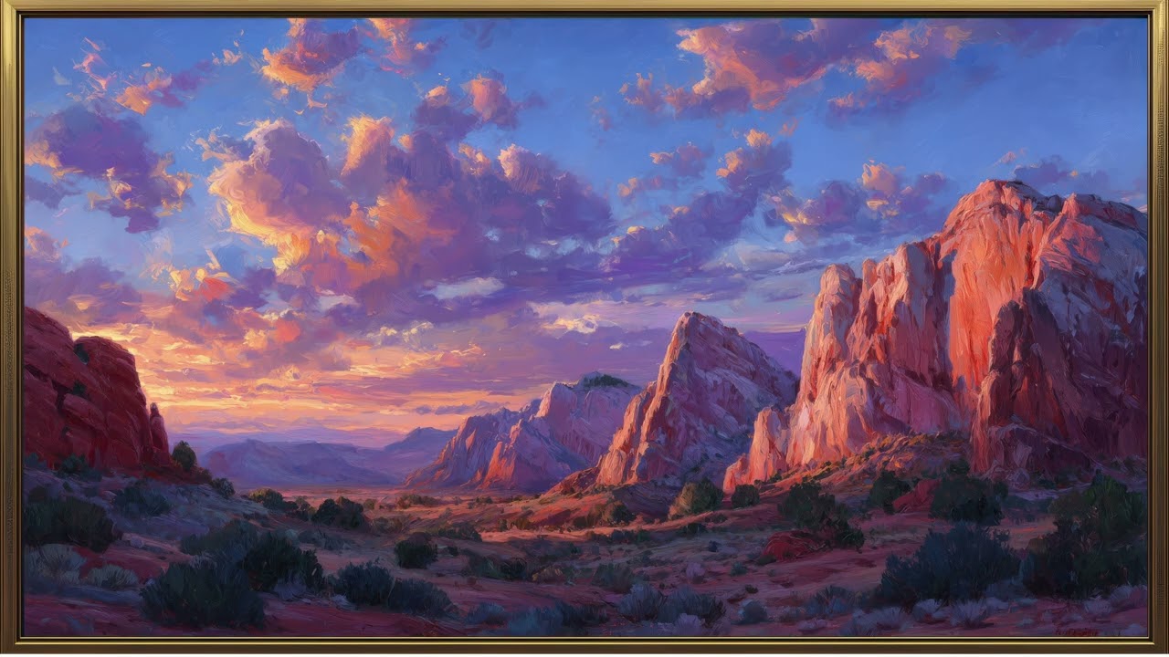 Desert Landscape Painting | TV Frame Art | 1 Hour Red Rock Sunset 4K | No Audio