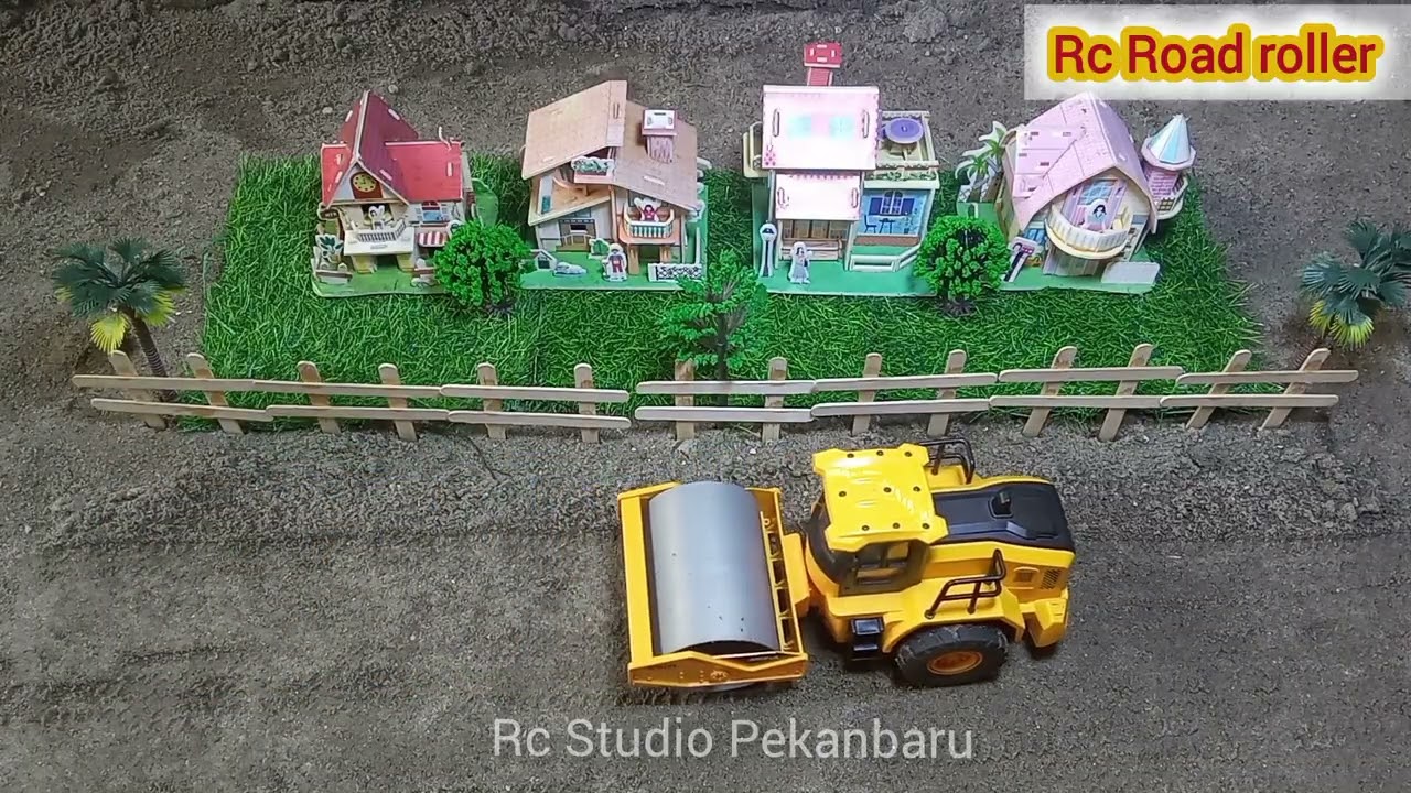 Rc road roller compacts residential roads at mining sites.