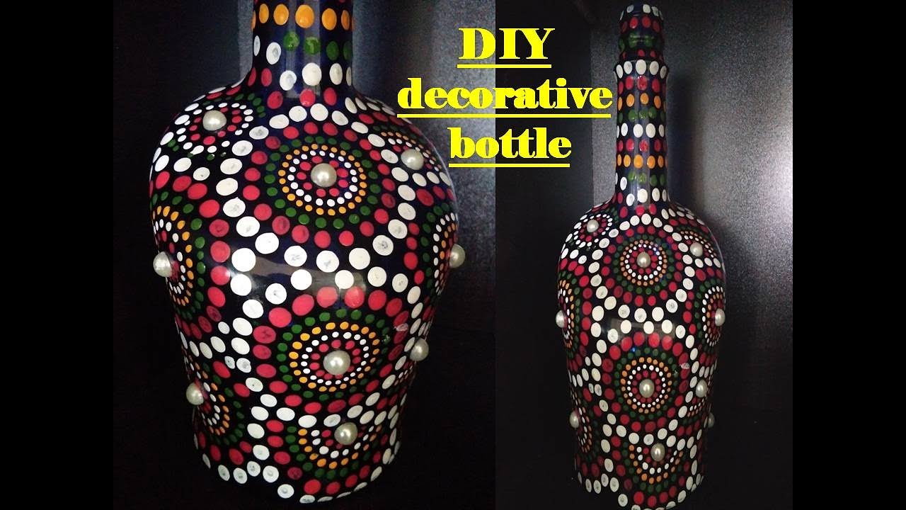 DIY decorate empty bottle with mandala art, room decor, painted bottle.