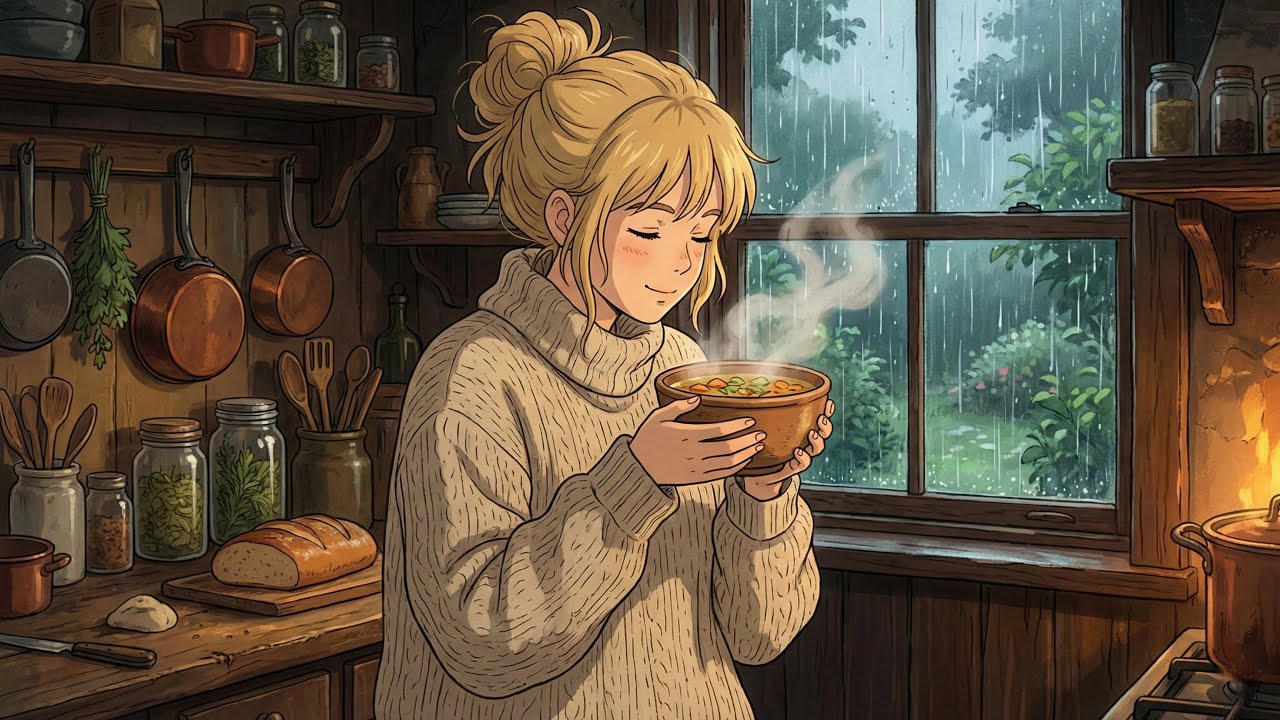 The scent of rain and a hot soup in the old wooden kitchen | Ghibli-Style Video