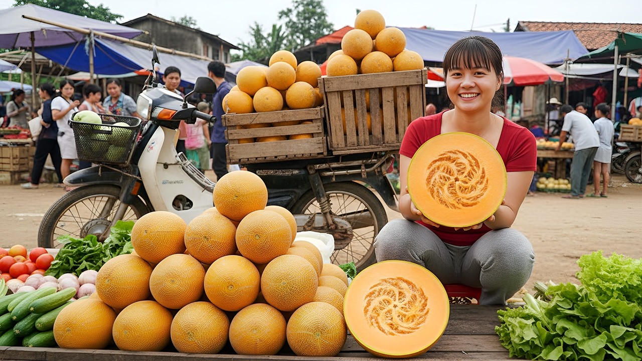 Cosecha Gigante de Melones Dorados – Transportando Cientos de Melones en un Camión de Tres Ruedas