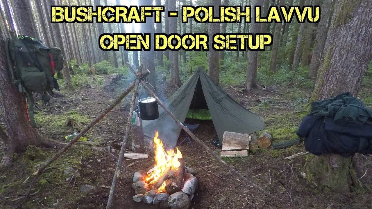 Bushcraft Polish Lavvu open door setup char cloth birds nest fire cedar tea aegismax tripod cot etc