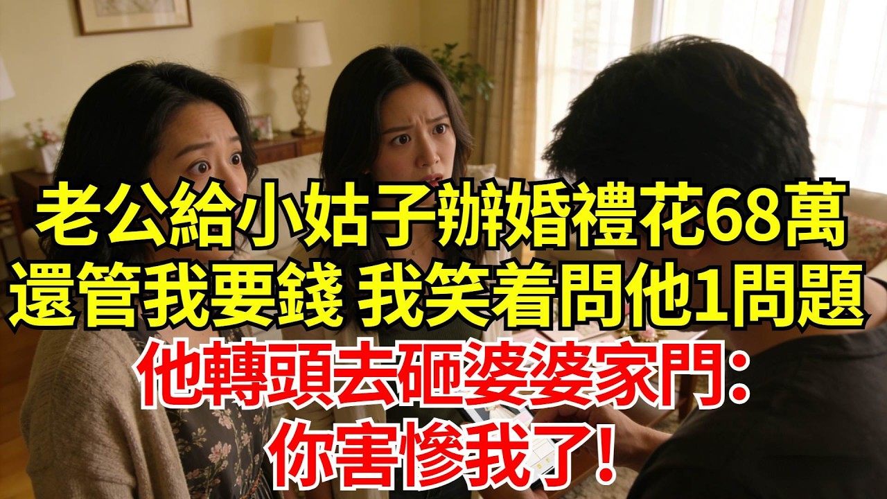 老公瞞着我給小姑子辦婚禮花68萬，回頭管我要錢！我笑着問他1個問題，他臉色慘白衝去砸婆婆家門：你害慘我了！#婚姻#爽文#情感故事#女性逆襲#深夜故事