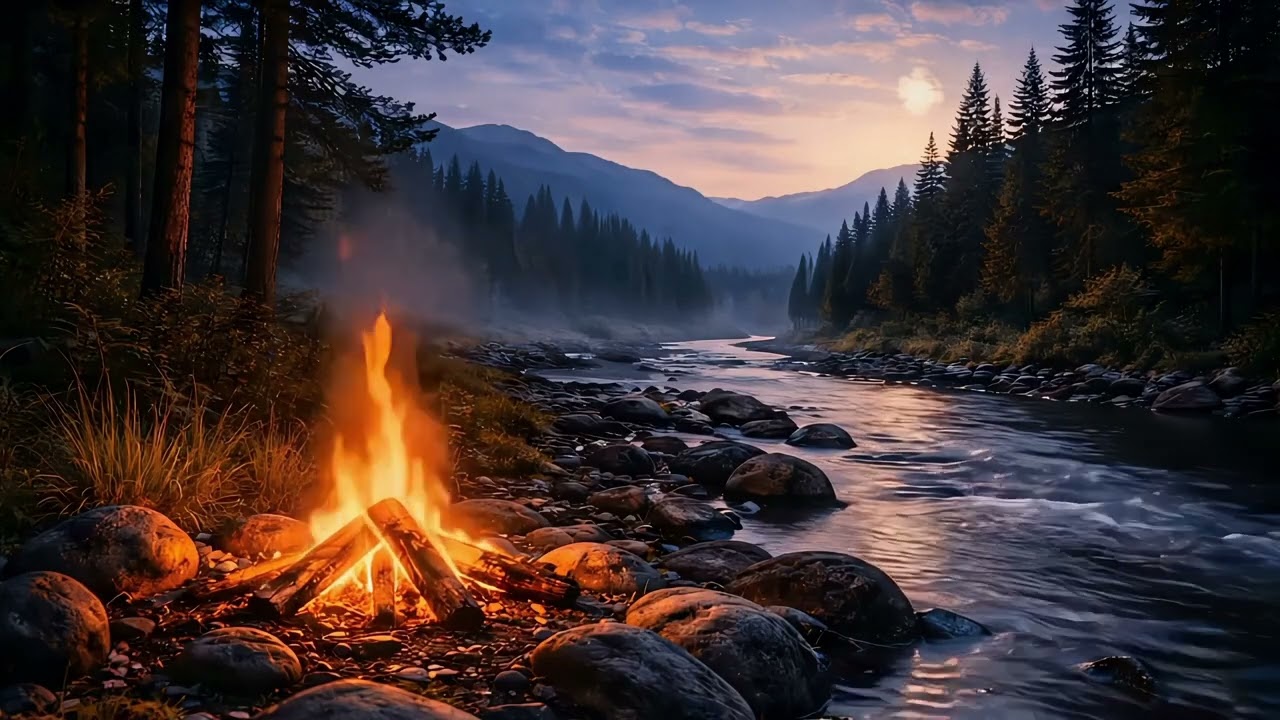 Campfire by the River at Night 🌲🔥 Forest Ambience for Sleep & Relaxation (10 Hours)