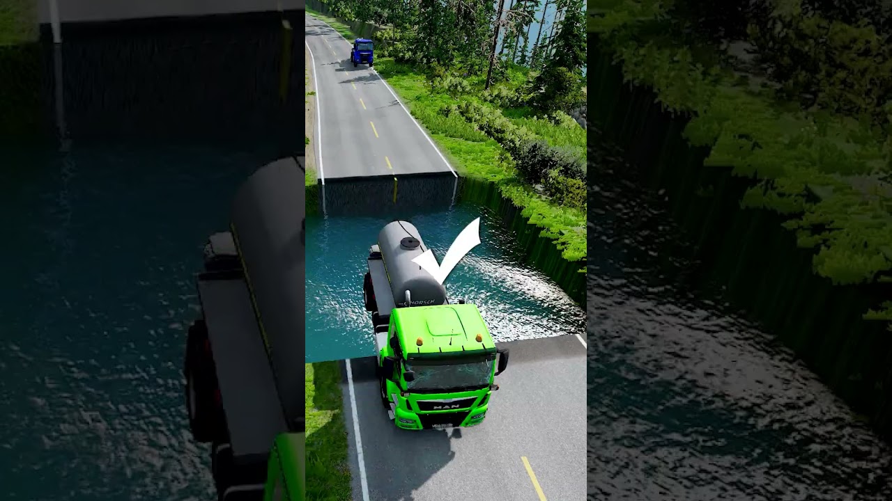 Tanker trucks crossing large water pit #46 | #doublespeedbumps  #carsvswaterpit #carsvsdeepwater
