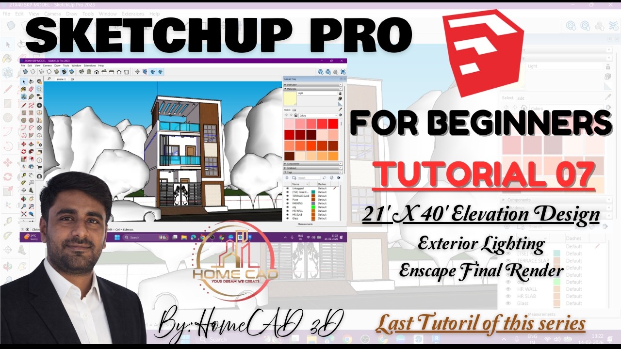Day 07 - Sketchup 2023 Tutorial  for beginners | 21x40 Ext. Elevation- Lighting Enscape Final Render