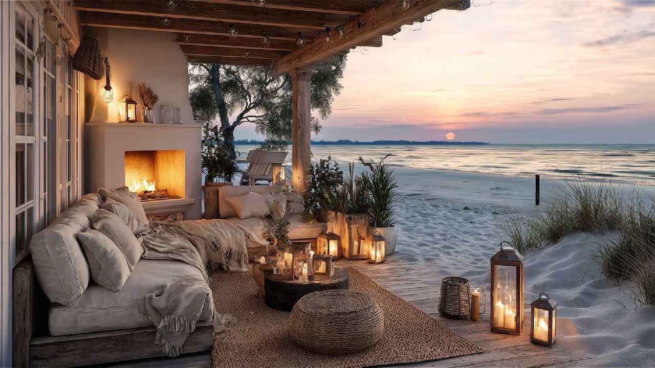 Tropical Coastal Evening Glow 🌅🔥 | Ocean Waves & Fireplace Ambience for Relaxation & Calm, No Ads
