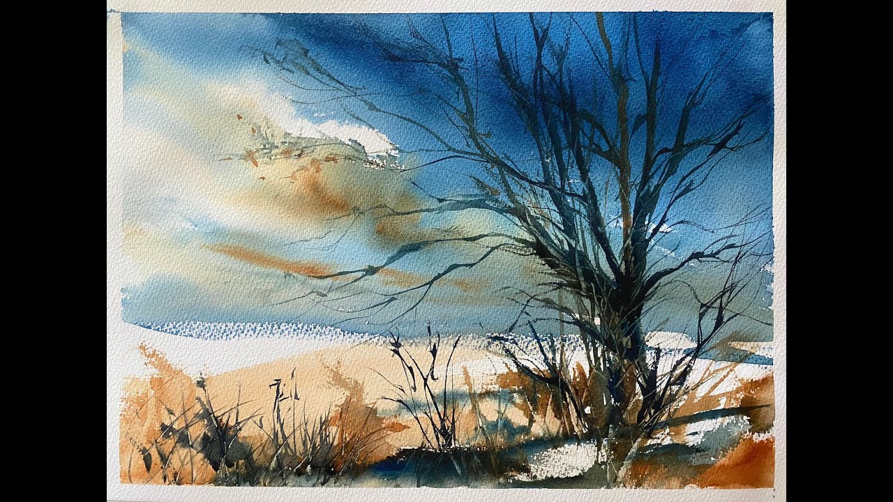 Simple BEGINNER'S Loose Winter Tree Watercolour Landscape, watercolor Fall painting tutorial demo