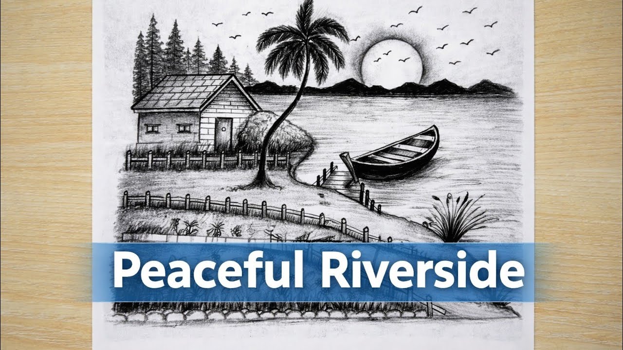 Peaceful Riverside Village Scenery Drawing