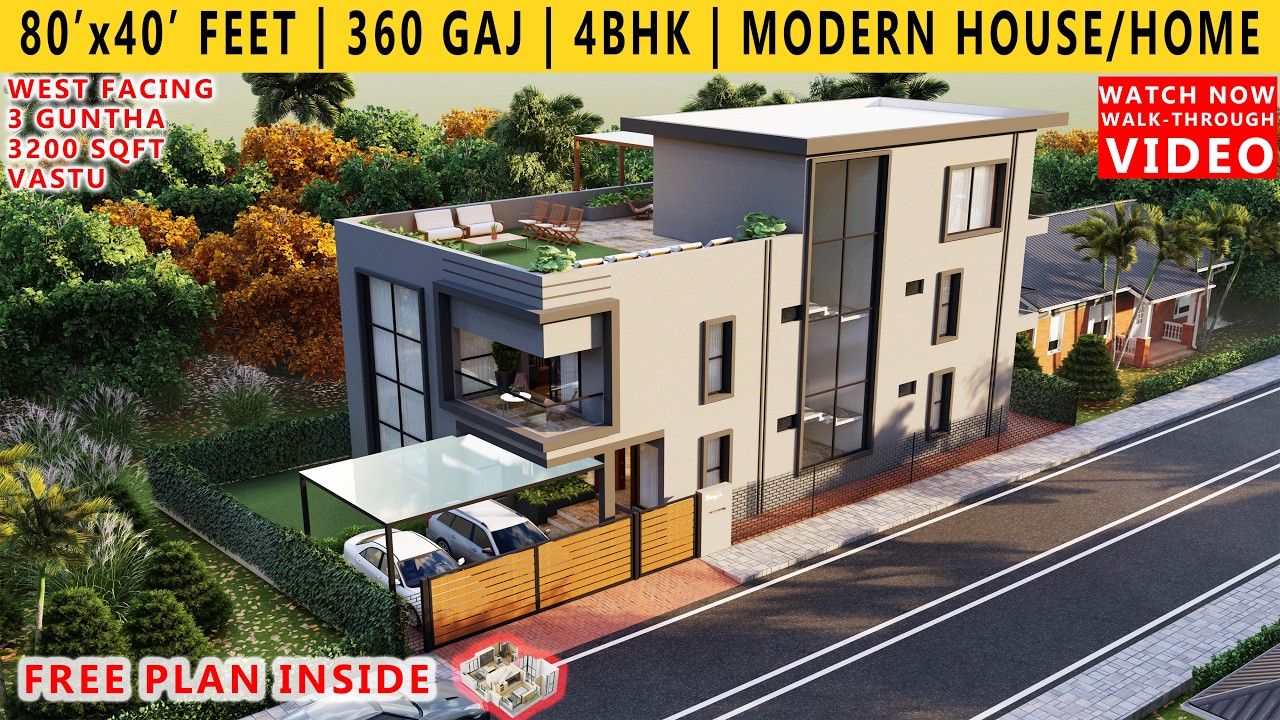 80by40 feet house plan & design with vastu | 3d video | 4bhk 3200sqft west facing | 360gaj | 3guntha