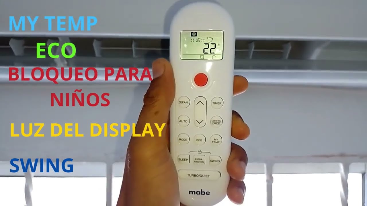Funciones del control remoto de un aire acondicionado mabe-my temp, bloqueo, luz del display y swing