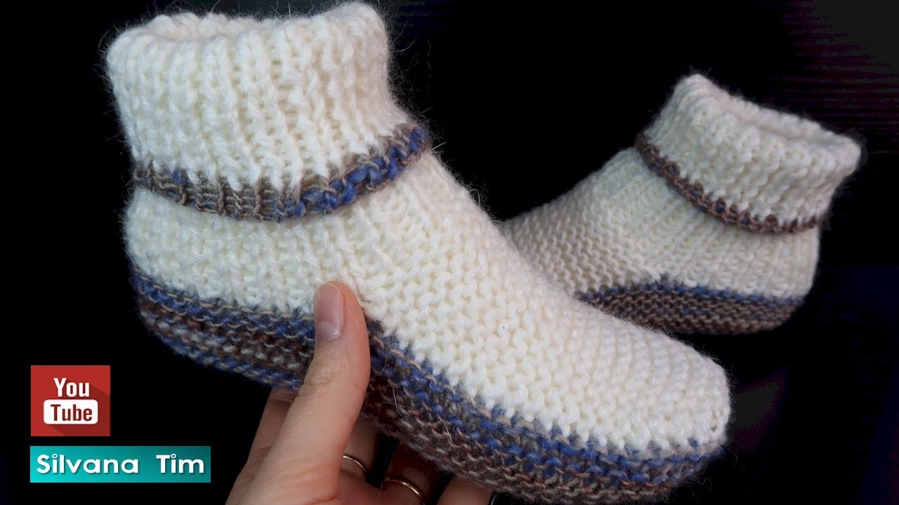 Cómo tejer Babuchas Pantuflas Botitas con dos agujas. Diseño multicolor # 852