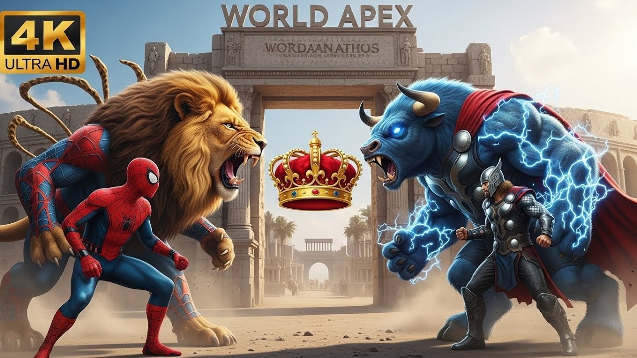 🎬 SPIDER-MAN LION 🕷️🦁 vs THOR BISON ⚡🐃 | World Apex Arena – Roman Colosseum 2026 | 4K