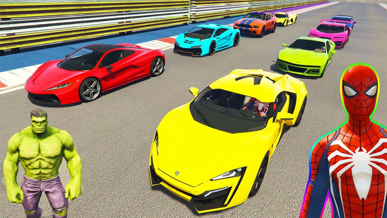 SPIDERMAN With RACING Cars Challenge on PIPES Ramp ! Superhero Race Cars HULK Iron MAN - GTA 5