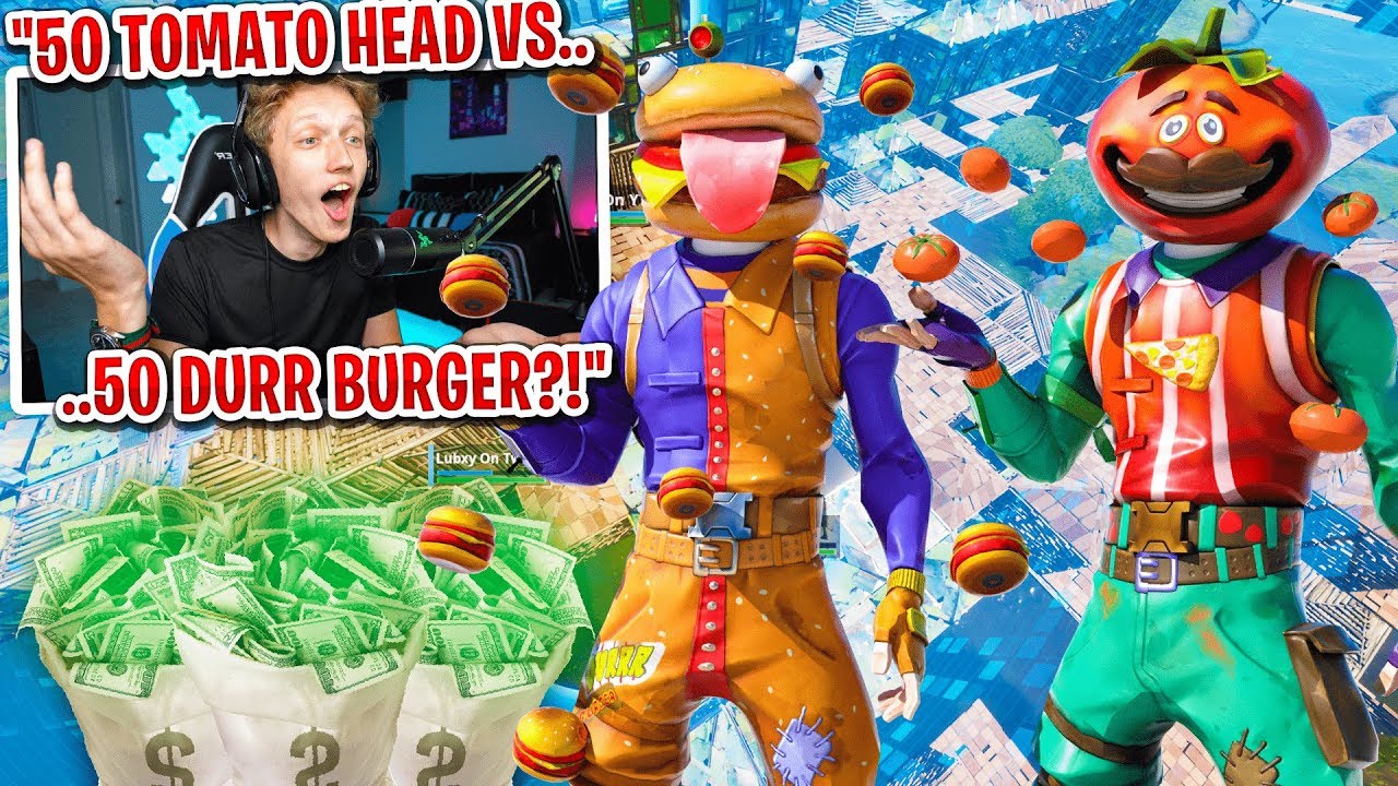 I got 50 TOMATO HEADS vs 50 DURR BURGERS to scrim for $100 in Fortnite... (I actually WON!)
