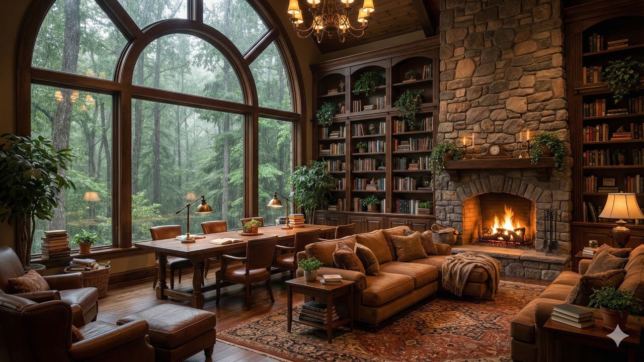 🌧️🎷 Jazz Relaxing Music – Rainy Day at Cozy House Inside Forest | Gentle Rain Ambience
