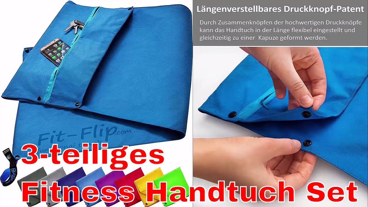 3 tlg. Fitness Handtuch Set mit Reißverschluss Fach + Magnetclip + extra Sporthandtuch