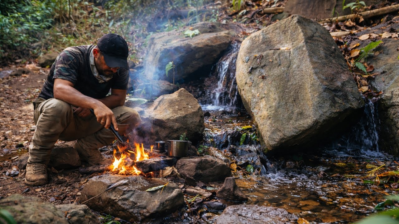 Finding a Hidden Spring-Stone Grilling in the deep Woods