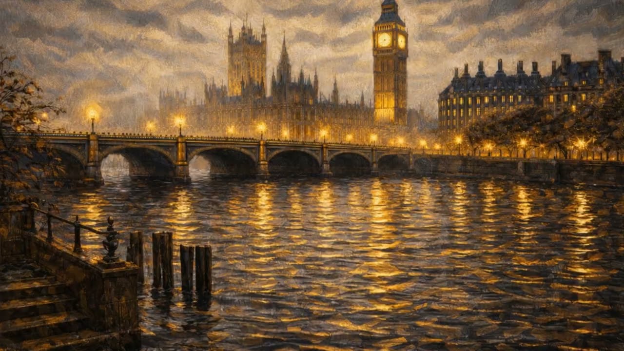 *NO ADS* London Oil Painting || River Flowing Ambience