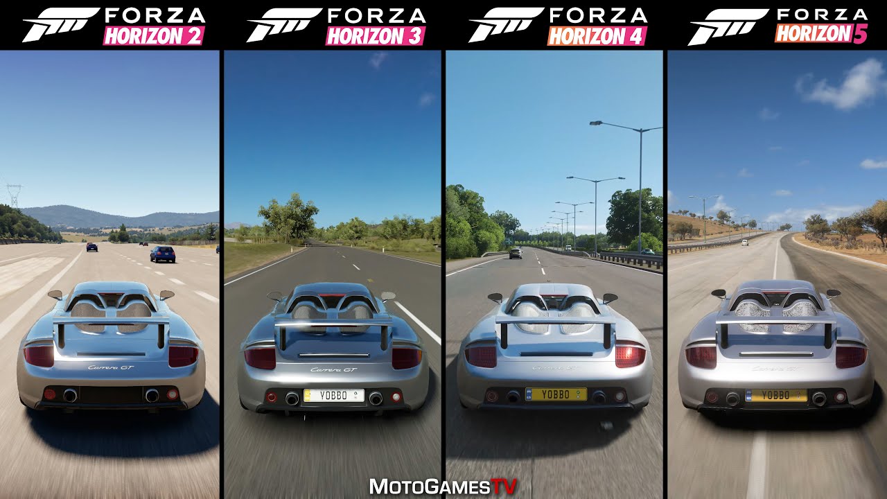 Forza Horizon 2 vs Horizon 3 vs Horizon 4 vs Horizon 5 - Porsche Carrera GT Sound Comparison