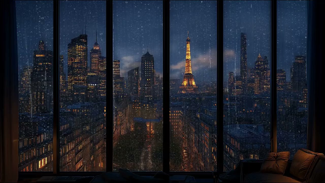 Rainy Night City View Through the Window with Soothing Rain Sounds for Sleep and Serenity