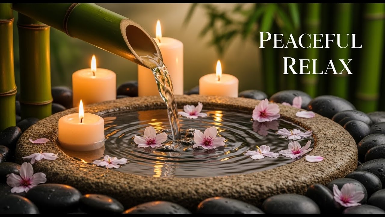 Nature Zen Rain Calm Bamboo Fountain and Candle Glow for Deep Meditation Sleep and Inner Peace