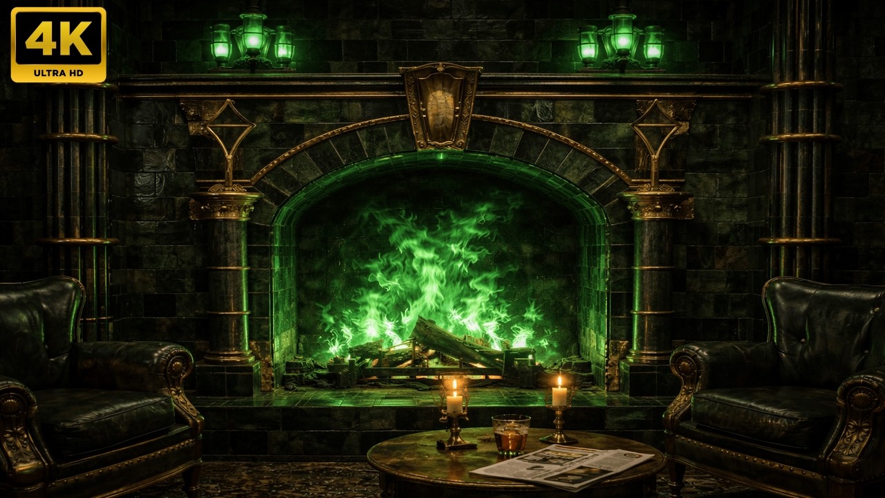 Wizarding Green Fireplace 🔥 8 Hours | Magical Ambience for Study, Relax & Sleep | 4K