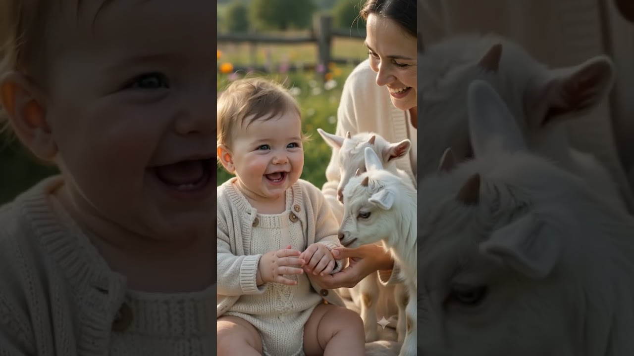 Baby Helps Feed Twin Baby Goats 🐐🥹❤️ #Shorts #babyreaction