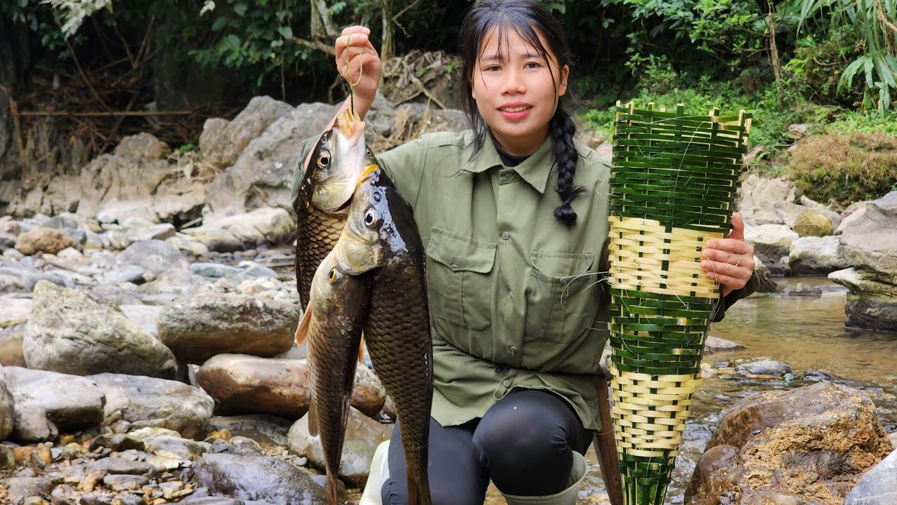 Weaving baskets to catch fish and grilling the fish to eat.