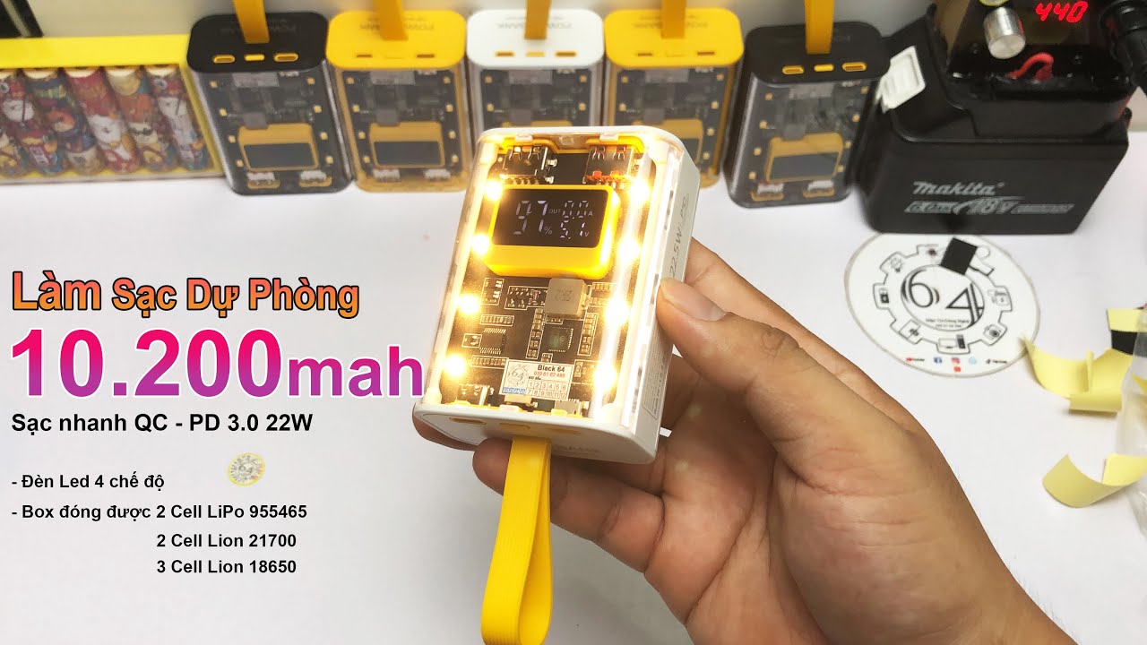 Làm SẠC DỰ PHÒNG với Box 3 Cell 18650 | Dung lượng 10.000mah trong suốt PD - QC 3.0 22W | Black 64