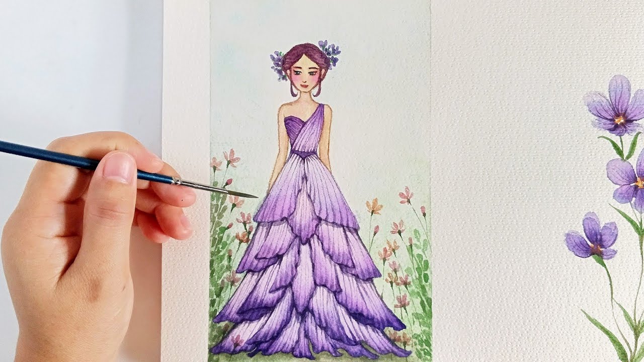 Beautiful Violet Flower Dress Design using Watercolor | Watercolor Painting 🎨🌸