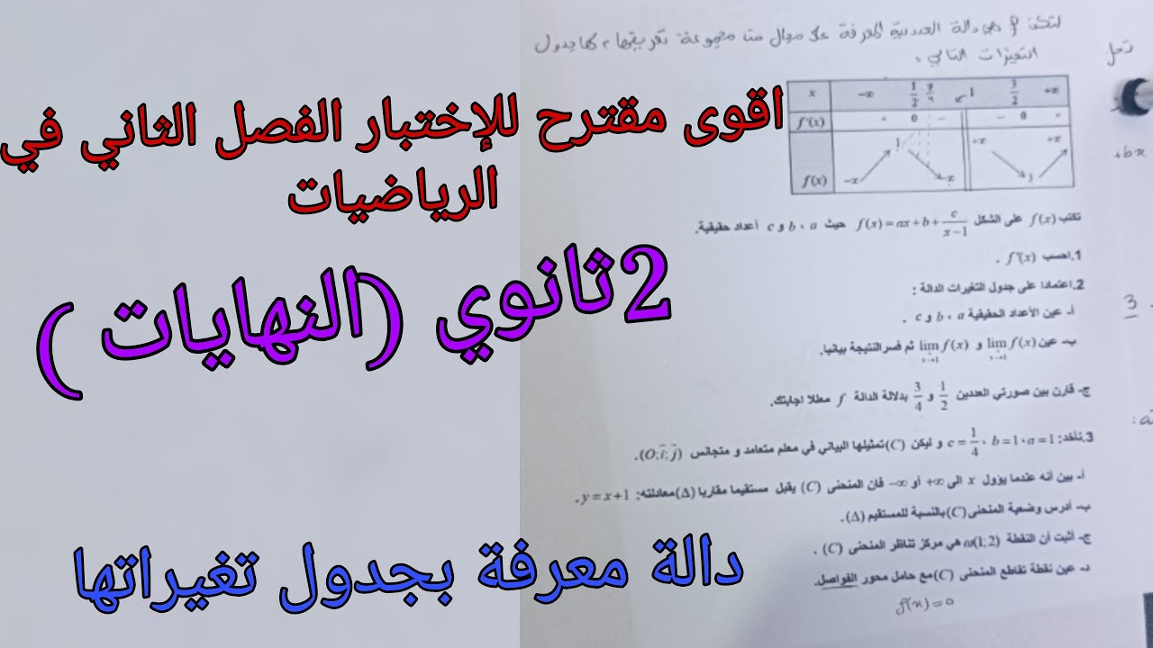 اقوى مقترح للإختبار الفصل الثاني في الرياضيات للسنة الثانية ثانوي حول النهايات+الدوال جميع الشعب الع