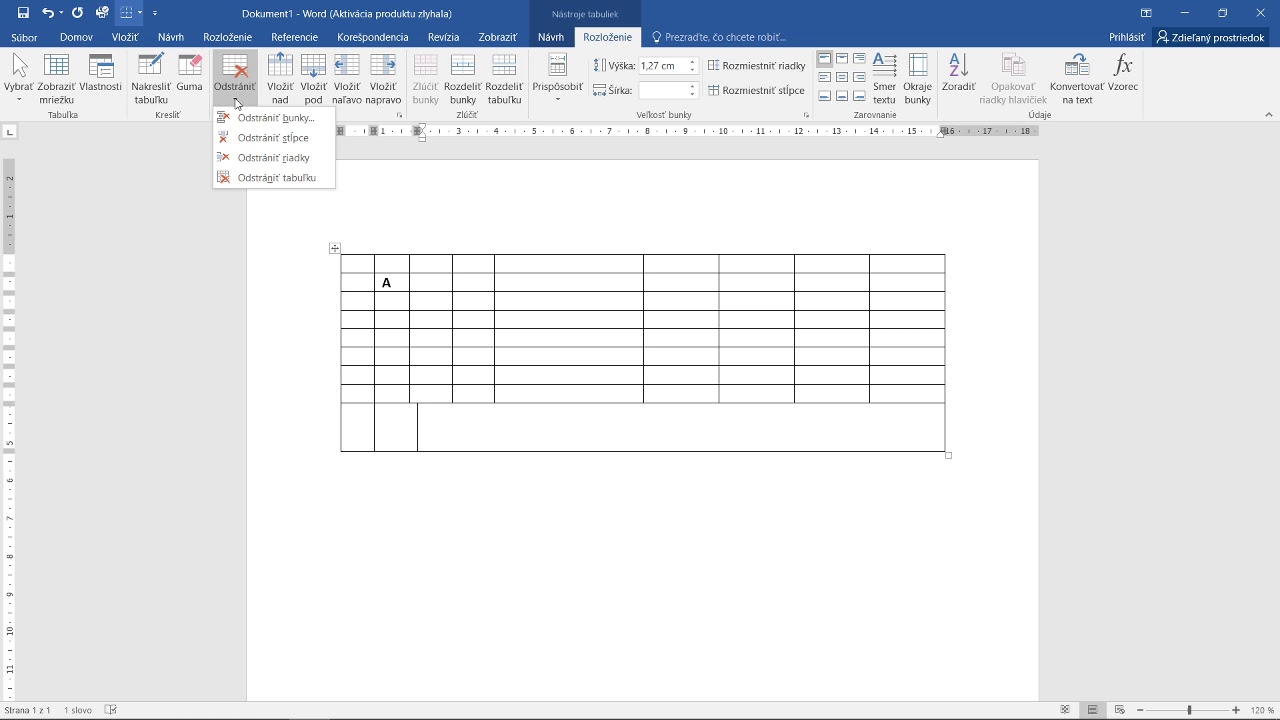 MS Word 2016 formátovanie tabuľky karta ROZLOŽENIE