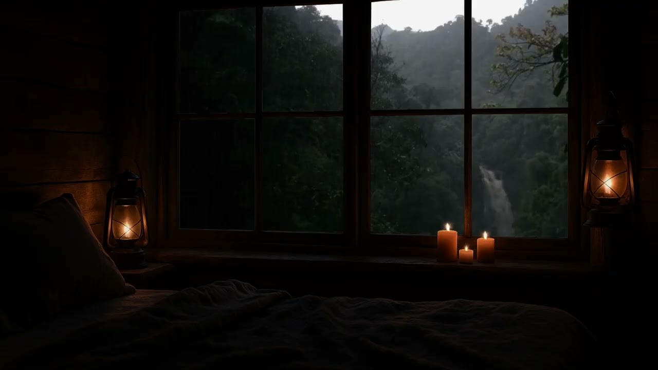 Cozy Cabin Night with Candlelight & Waterfall View 🌙🕯️ | Relaxing Ambience