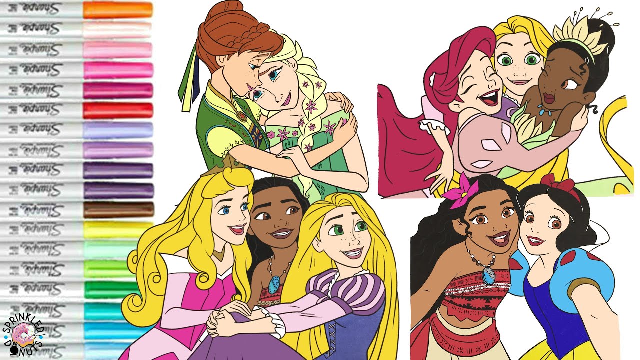 Disney Princess Coloring Book Compilation Aurora Moana Ariel Rapunzel Snow White Tiana Anna Elsa
