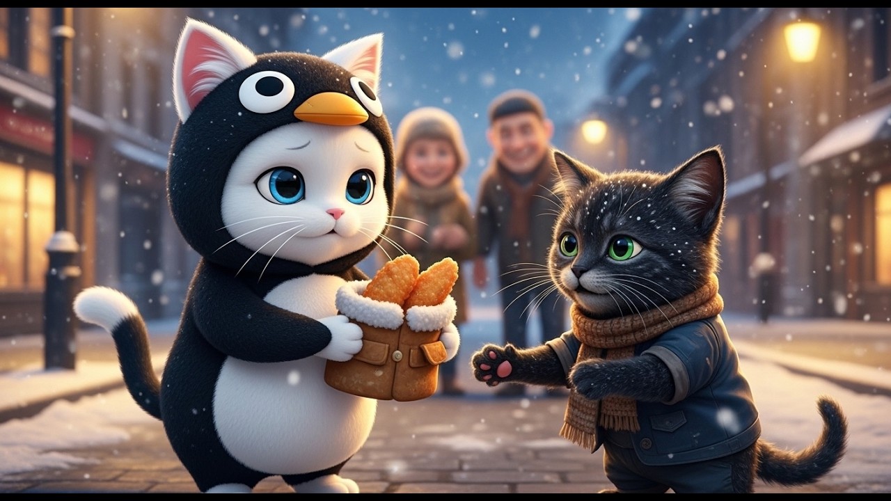 Snowy Jr. in a Penguin Costume Shares Fry Fish With a Poor Kitten ❄️❤️ | AI Cat Story
