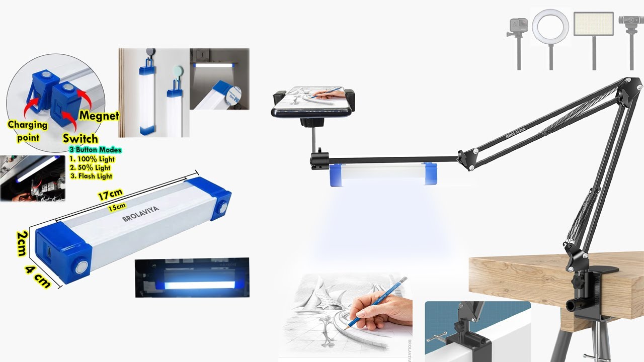 BROLAVIYA Overhead Video Mobile Stand with 17cm Rechargeable LED Tube Light