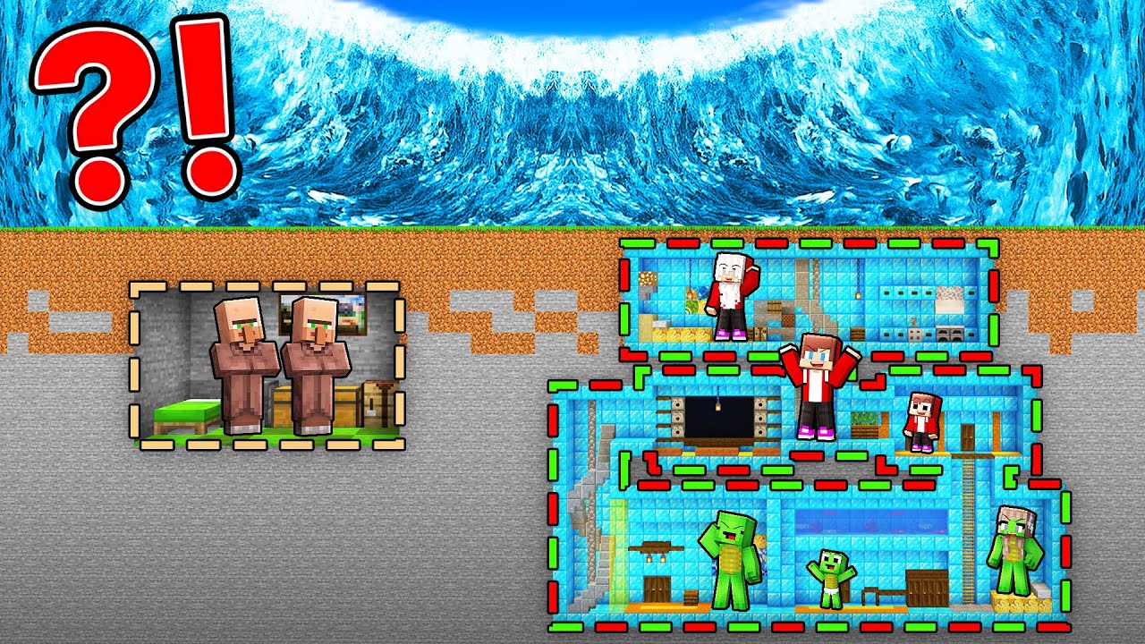 Villagers TINY & JJ and Mikey GIANT Family Bunker vs TSUNAMI in Minecraft (Maizen)