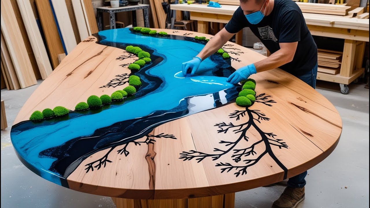Oval Epoxy River Dining Table | Blue Resin & Elegant Burnt Wood Design