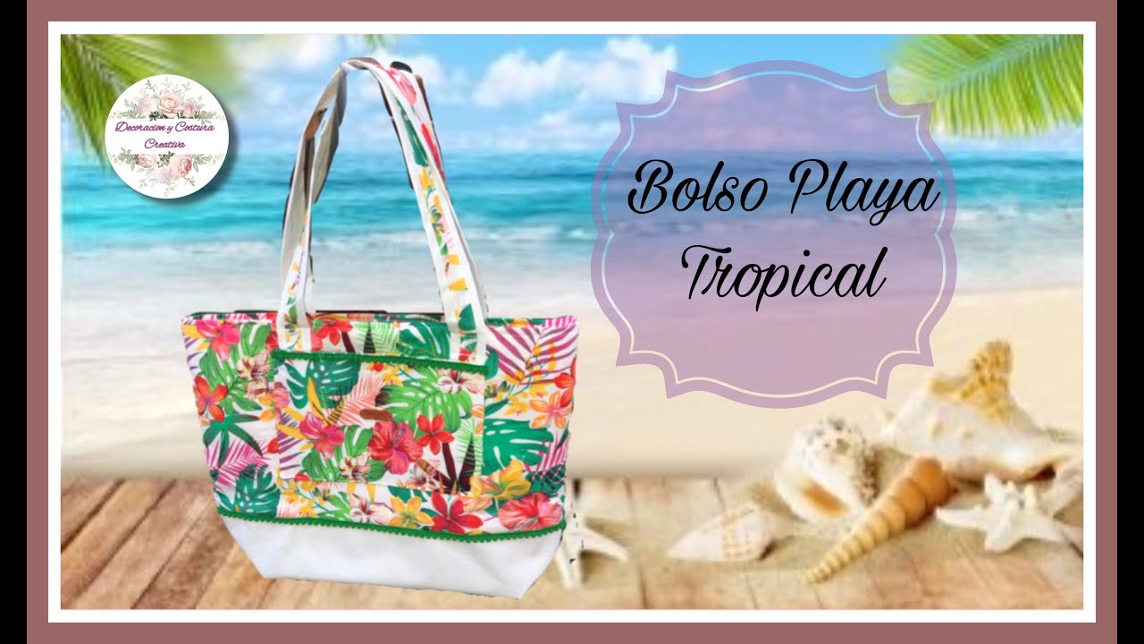 Bolso de playa GRANDE DE TELA  Y POLIPIEL con CREMALLERA Y BOLSILLO exterior. DIY