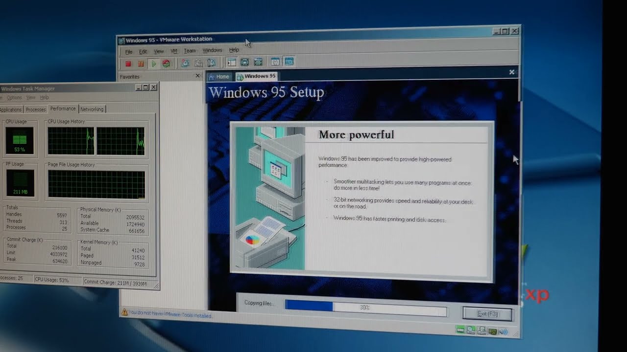 Installing VMware Workstation 5 and a Windows 95 virtual machine in the BACKROOMS