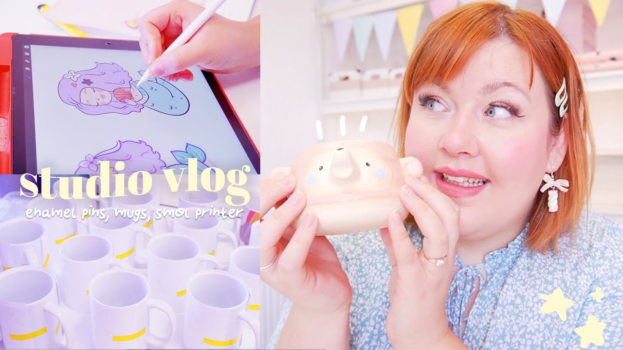 STUDIO VLOG ♡~ (ﾐ ᵕ ﻌ ᵕﾐ) Making New Enamel Pins, Printing Mugs, Pocket Printers & Packing Orders