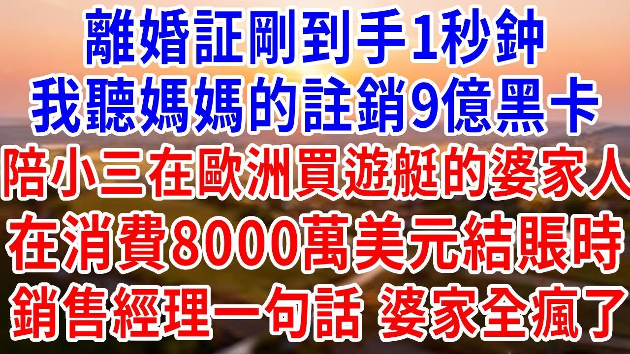 離婚證剛到手1秒鈡，我聽媽媽的注銷9億黑卡，陪小三在歐洲買游艇的婆家人，在消費8000萬美元結賬時，銷售經理一句話，婆家全瘋了！#婆媳#反轉#爽文