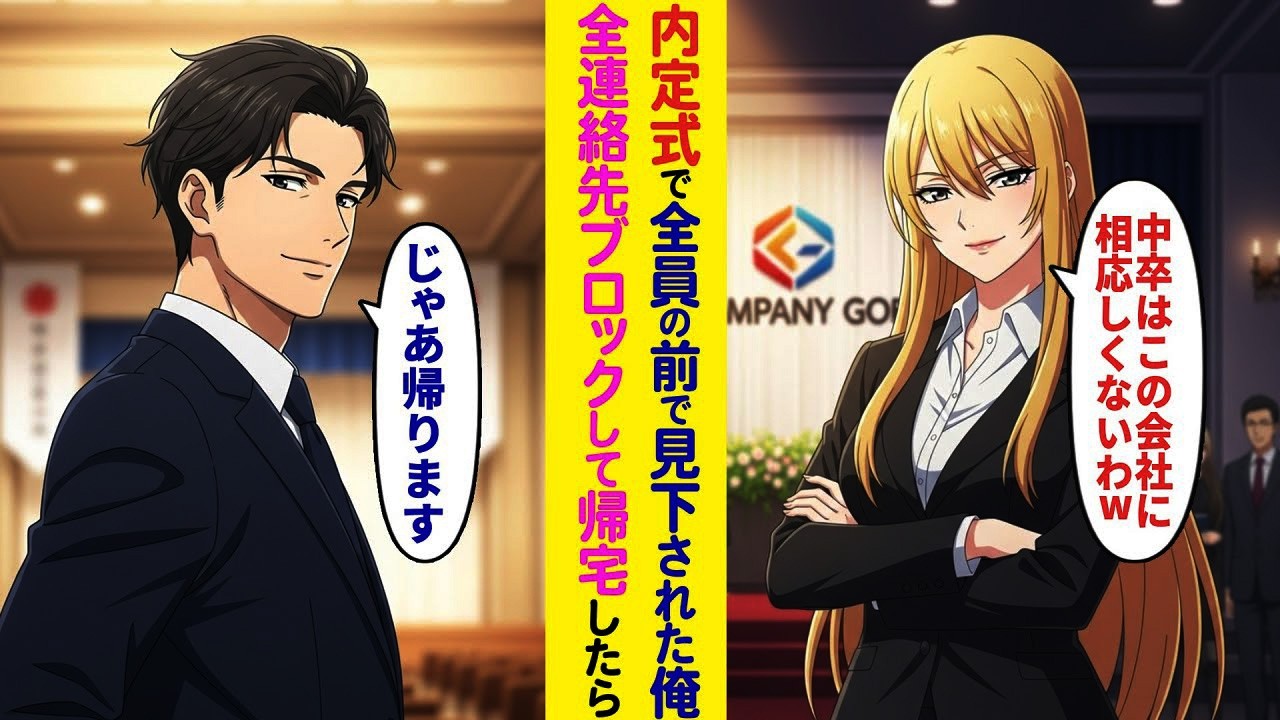 【漫画】内定式で全社員の前、中卒の俺を否定する女性幹部「ここにふさわしくないわw」→「失礼します」と帰宅し全ての連絡を断った結果…