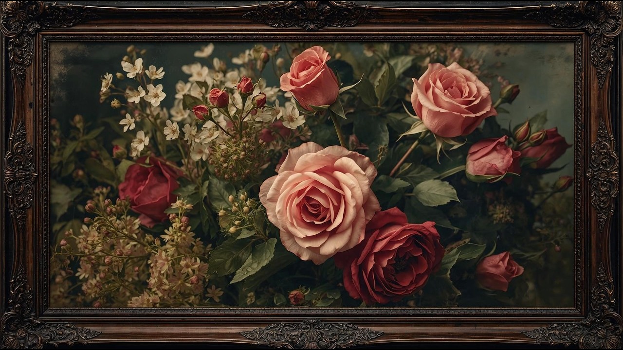 Dark Vintage Art Roses 🌹 | Classic Romantic Floral Masterpiece in Antique Frame