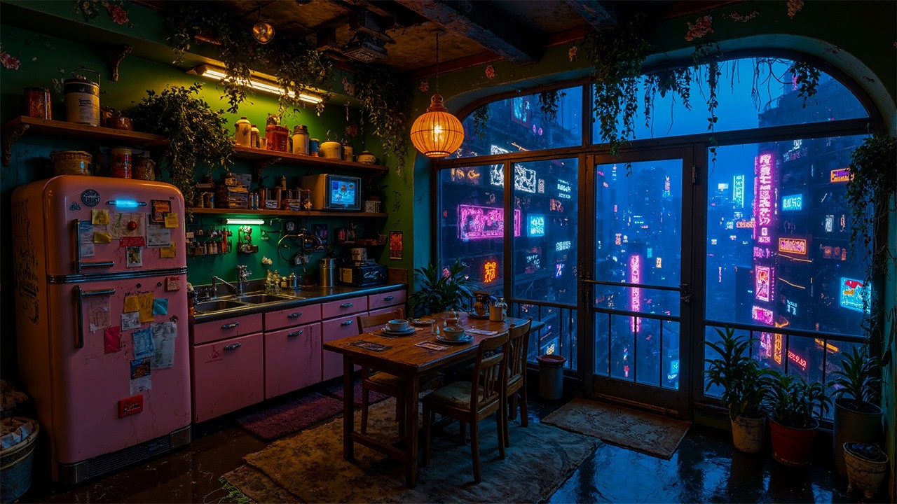 Cozy Cyberpunk Apartment Kitchen | Rainy Neon City View & Night Ambience | 4K